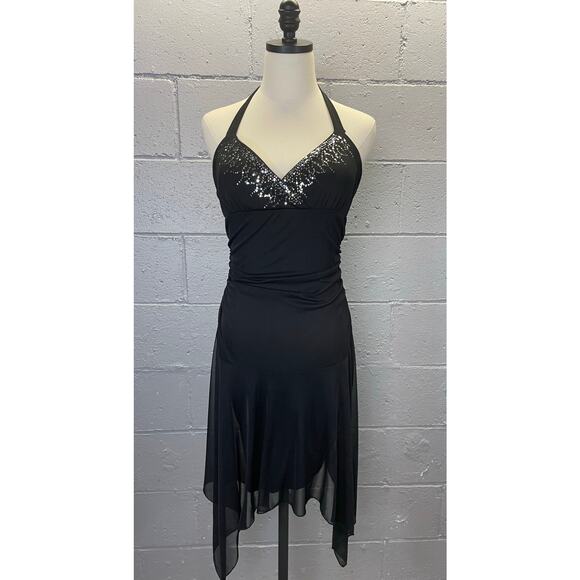Vintage 90s Black Mesh Halter Dress Handkerchief Hem Sequined LG City Triangles - Picture 1 of 9